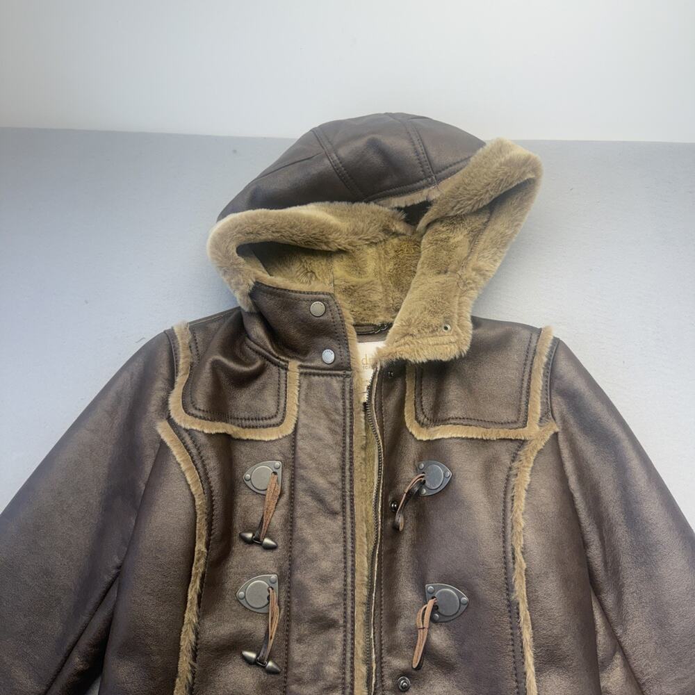 Laundry Shelli Segal Faux Leather Fur Hooded Duffle Toggle Jacket Coat Brown XS - Picture 2 of 15